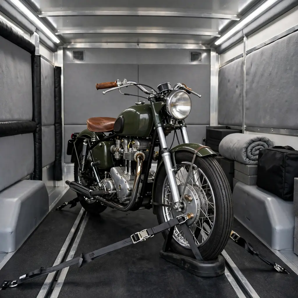 Classic Motorcycle Strapped For Safe Shipping