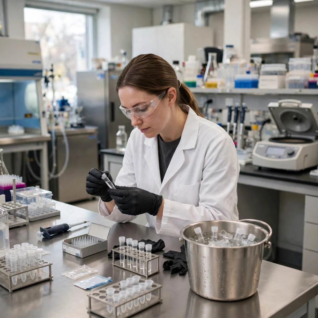 Female Scientist Inspecting Peptide Sample Preservation