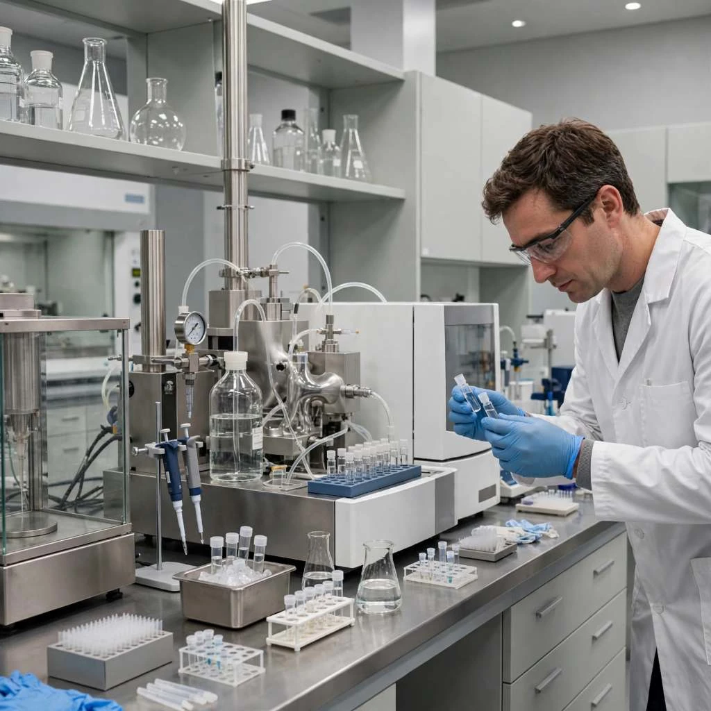 Researcher Verifying Peptide Vials Laboratory Equipment